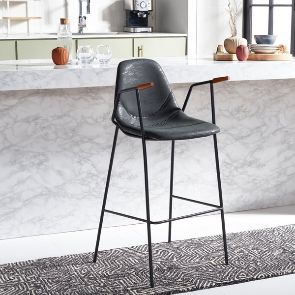 Safavieh Tanner Mid-Century Barstool: Stylish Pu Leather Seat With Walnut Accents & Hairpin Metal Legs Black Body /Walnut Armrest BST3001D