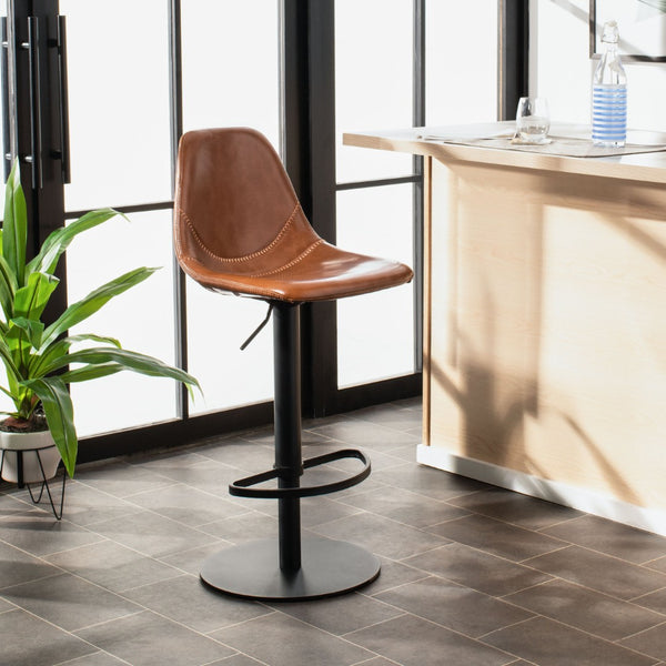 Safavieh Sky Adjustable Swivel Bar Stool – Mid-Century Modern Design, Versatile Height, Cozy Faux Leather Seat Cognac Pu/Black BST3003A