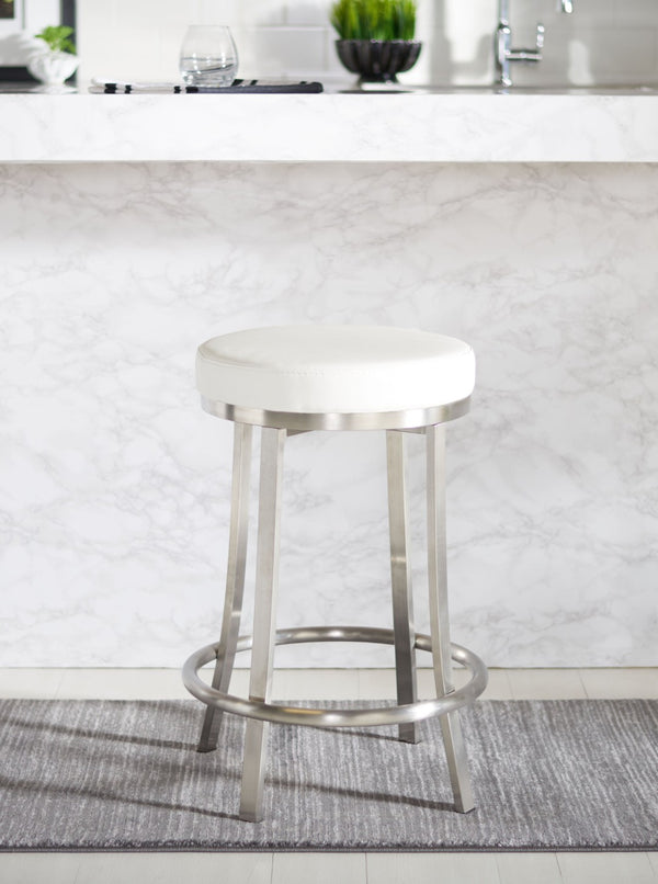 Safavieh Obito Contemporary Swivel Counter Stool With Vegan Leather Seat And Sleek Stainless Steel Frame White  / Brushed Nickle BST3004A