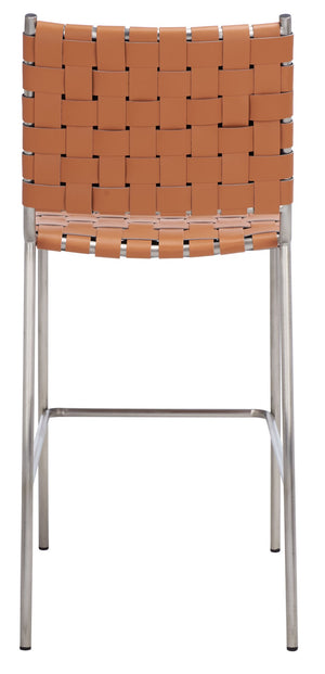 Safavieh Bahari Woven Counter Stool - Contemporary Design With Natural Leather Seat & Sleek Silver Base Cognac / Silver BST3010A