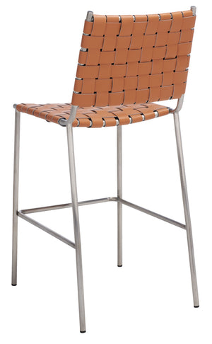 Safavieh Bahari Woven Counter Stool - Contemporary Design With Natural Leather Seat & Sleek Silver Base Cognac / Silver BST3010A