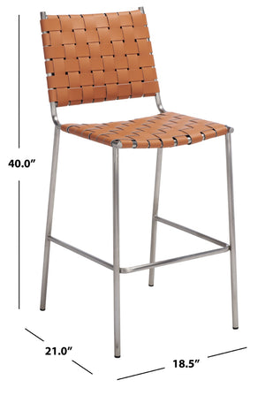 Safavieh Bahari Woven Counter Stool - Contemporary Design With Natural Leather Seat & Sleek Silver Base Cognac / Silver BST3010A