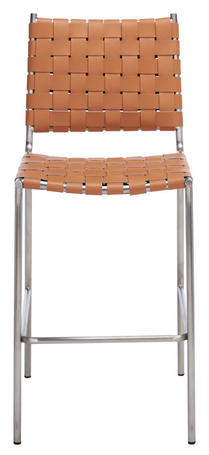 Safavieh Bahari Woven Counter Stool - Contemporary Design With Natural Leather Seat & Sleek Silver Base Cognac / Silver BST3010A