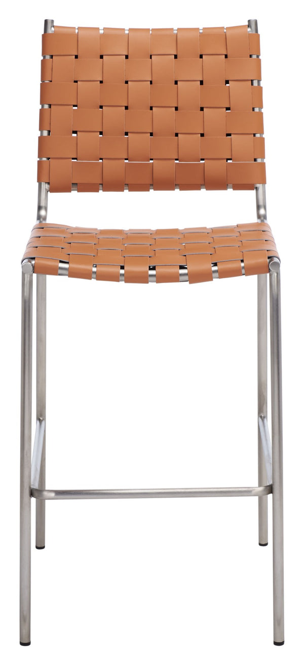 Safavieh Bahari Woven Counter Stool - Contemporary Design With Natural Leather Seat & Sleek Silver Base Cognac / Silver BST3010A