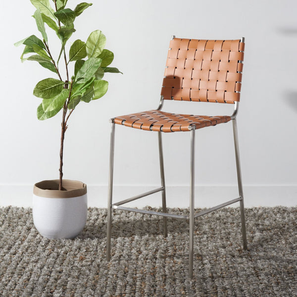 Safavieh Bahari Woven Counter Stool - Contemporary Design With Natural Leather Seat & Sleek Silver Base Cognac / Silver BST3010A
