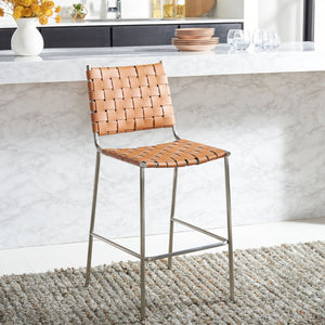 Safavieh Bahari Woven Counter Stool - Contemporary Design With Natural Leather Seat & Sleek Silver Base Cognac / Silver BST3010A