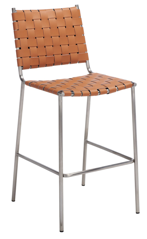 Safavieh Bahari Woven Counter Stool - Contemporary Design With Natural Leather Seat & Sleek Silver Base Cognac / Silver BST3010A