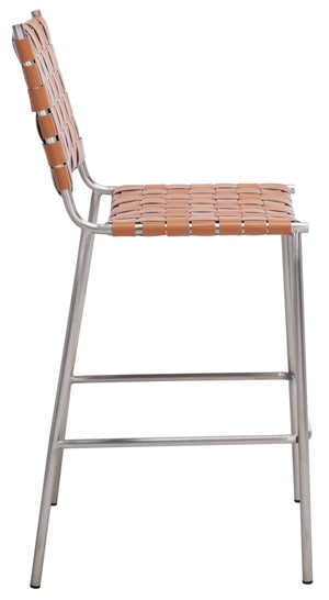 Safavieh Bahari Woven Counter Stool - Contemporary Design With Natural Leather Seat & Sleek Silver Base Cognac / Silver BST3010A