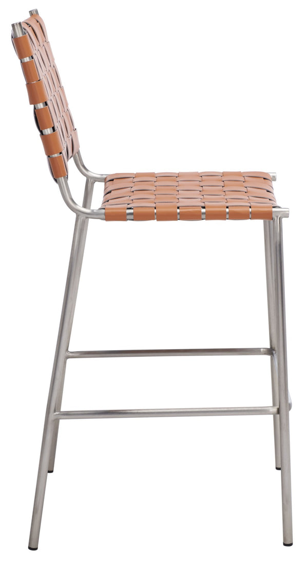 Safavieh Bahari Woven Counter Stool - Contemporary Design With Natural Leather Seat & Sleek Silver Base Cognac / Silver BST3010A