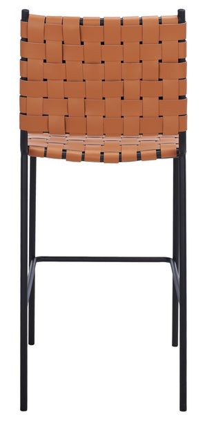 Safavieh Bahari Woven Counter Stool - Contemporary Design With Natural Leather Seat & Sleek Silver Base Cognac / Black BST3010B