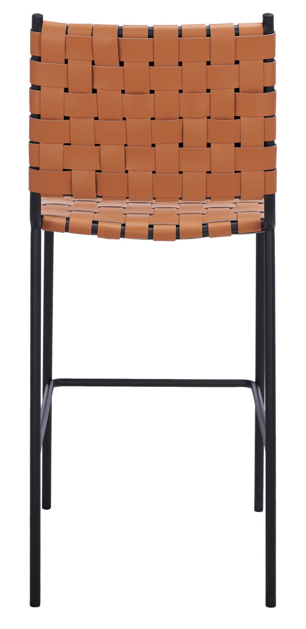 Safavieh Bahari Woven Counter Stool - Contemporary Design With Natural Leather Seat & Sleek Silver Base Cognac / Black BST3010B