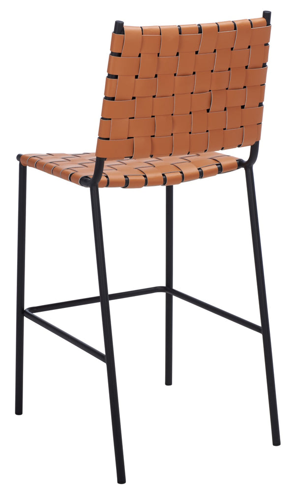 Safavieh Bahari Woven Counter Stool - Contemporary Design With Natural Leather Seat & Sleek Silver Base Cognac / Black BST3010B