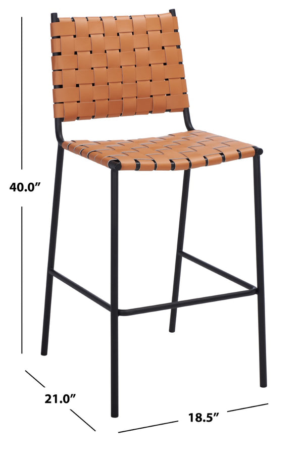 Safavieh Bahari Woven Counter Stool - Contemporary Design With Natural Leather Seat & Sleek Silver Base Cognac / Black BST3010B