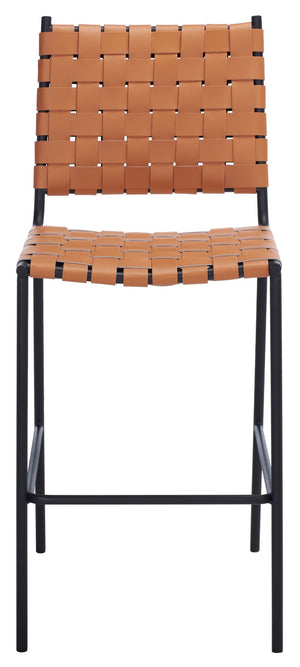 Safavieh Bahari Woven Counter Stool - Contemporary Design With Natural Leather Seat & Sleek Silver Base Cognac / Black BST3010B
