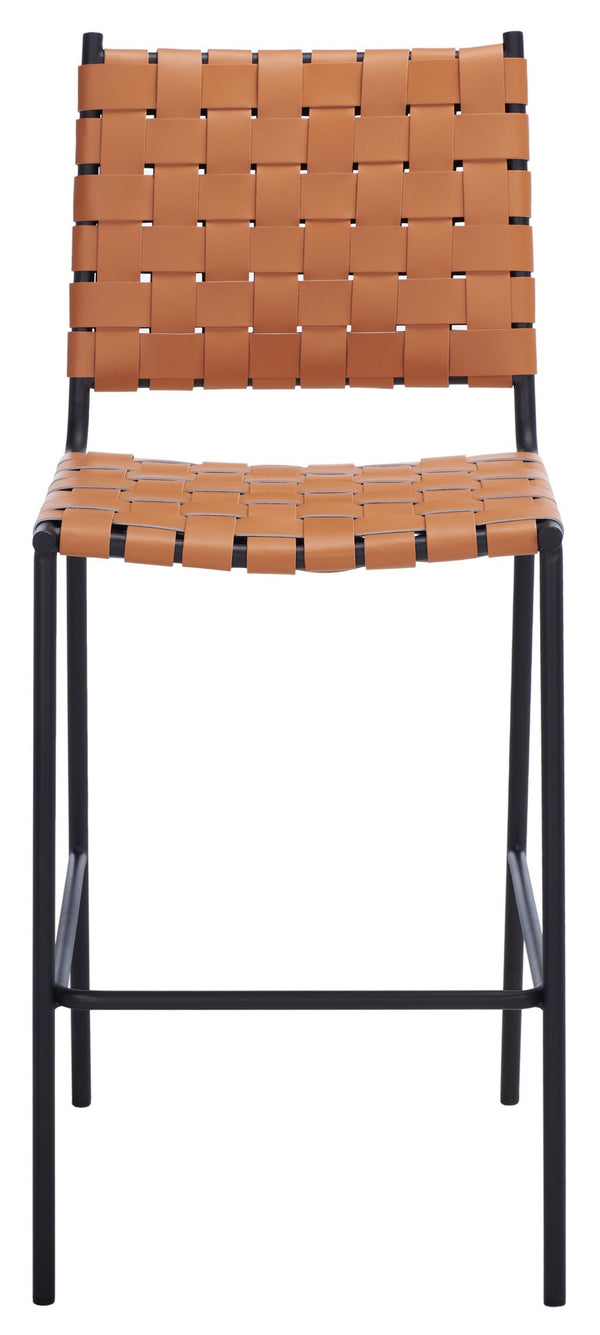 Safavieh Bahari Woven Counter Stool - Contemporary Design With Natural Leather Seat & Sleek Silver Base Cognac / Black BST3010B