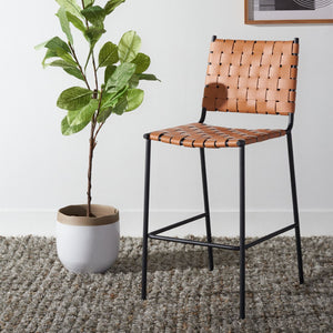 Safavieh Bahari Woven Counter Stool - Contemporary Design With Natural Leather Seat & Sleek Silver Base Cognac / Black BST3010B