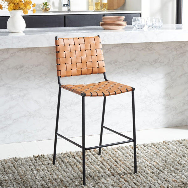 Safavieh Bahari Woven Counter Stool - Contemporary Design With Natural Leather Seat & Sleek Silver Base Cognac / Black BST3010B