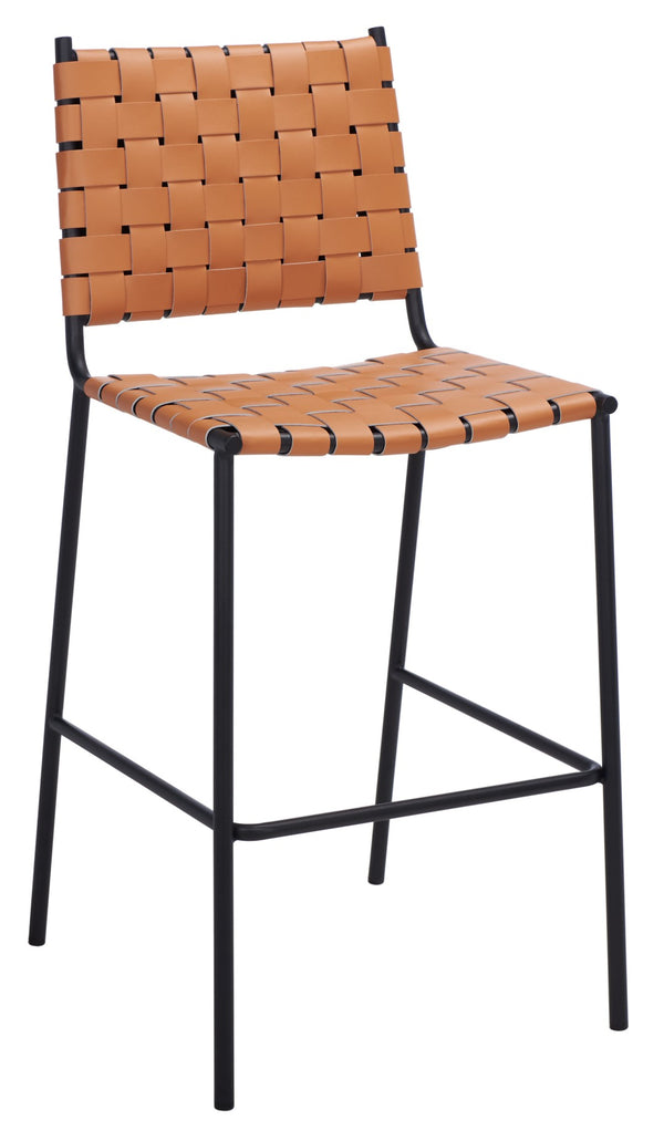 Safavieh Bahari Woven Counter Stool - Contemporary Design With Natural Leather Seat & Sleek Silver Base Cognac / Black BST3010B