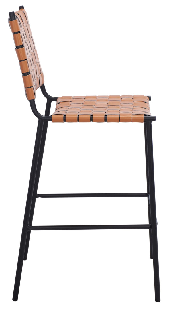 Safavieh Bahari Woven Counter Stool - Contemporary Design With Natural Leather Seat & Sleek Silver Base Cognac / Black BST3010B
