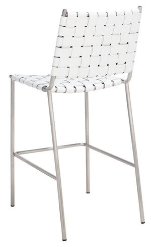 Safavieh Bahari Woven Counter Stool - Contemporary Design With Natural Leather Seat & Sleek Silver Base White / Silver BST3010C