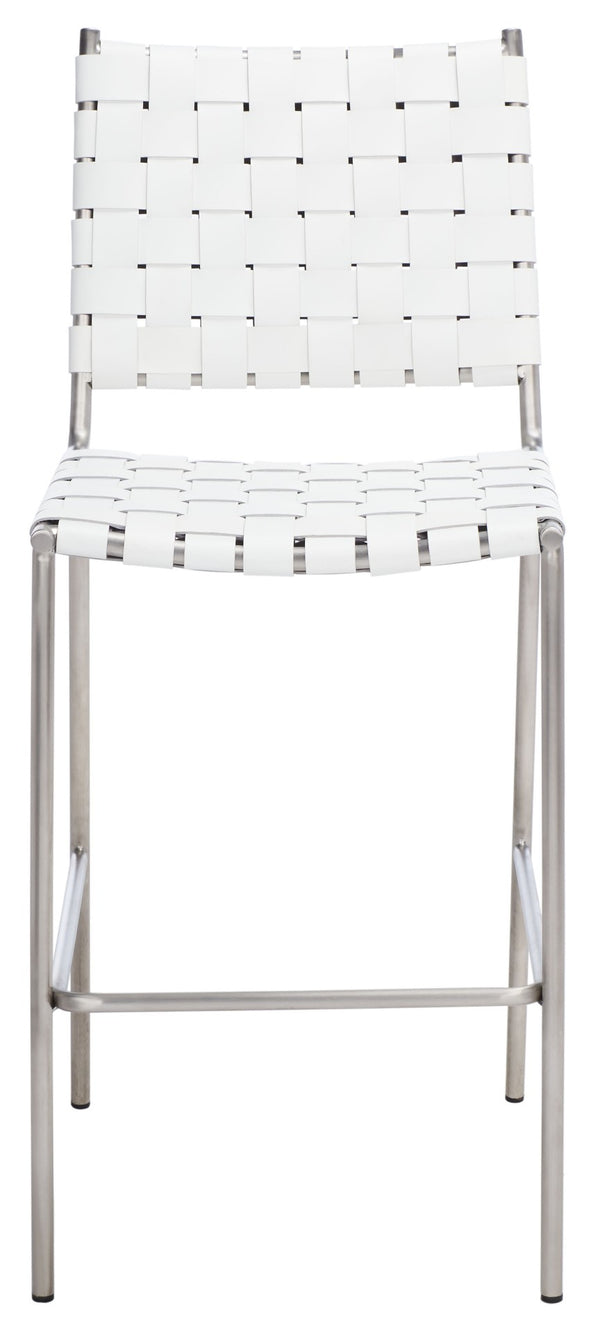 Safavieh Bahari Woven Counter Stool - Contemporary Design With Natural Leather Seat & Sleek Silver Base White / Silver BST3010C