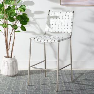 Safavieh Bahari Woven Counter Stool - Contemporary Design With Natural Leather Seat & Sleek Silver Base White / Silver BST3010C