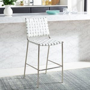 Safavieh Bahari Woven Counter Stool - Contemporary Design With Natural Leather Seat & Sleek Silver Base White / Silver BST3010C