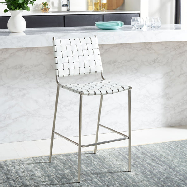 Safavieh Bahari Woven Counter Stool - Contemporary Design With Natural Leather Seat & Sleek Silver Base White / Silver BST3010C