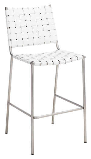 Safavieh Bahari Woven Counter Stool - Contemporary Design With Natural Leather Seat & Sleek Silver Base White / Silver BST3010C