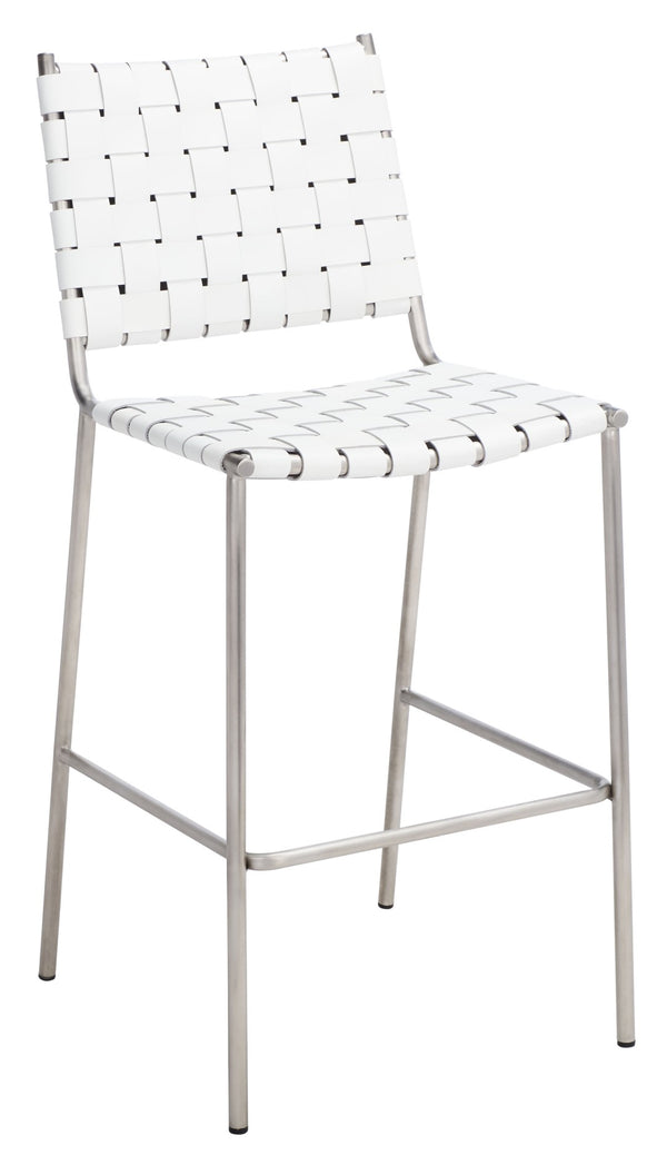 Safavieh Bahari Woven Counter Stool - Contemporary Design With Natural Leather Seat & Sleek Silver Base White / Silver BST3010C