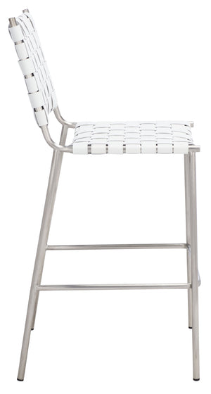 Safavieh Bahari Woven Counter Stool - Contemporary Design With Natural Leather Seat & Sleek Silver Base White / Silver BST3010C