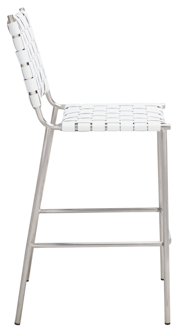 Safavieh Bahari Woven Counter Stool - Contemporary Design With Natural Leather Seat & Sleek Silver Base White / Silver BST3010C