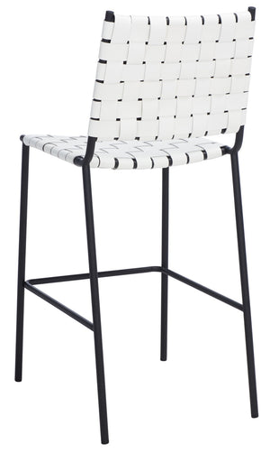 Safavieh Bahari Woven Counter Stool - Contemporary Design With Natural Leather Seat & Sleek Silver Base White / Black BST3010D