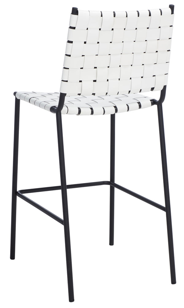 Safavieh Bahari Woven Counter Stool - Contemporary Design With Natural Leather Seat & Sleek Silver Base White / Black BST3010D
