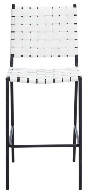 Safavieh Bahari Woven Counter Stool - Contemporary Design With Natural Leather Seat & Sleek Silver Base White / Black BST3010D