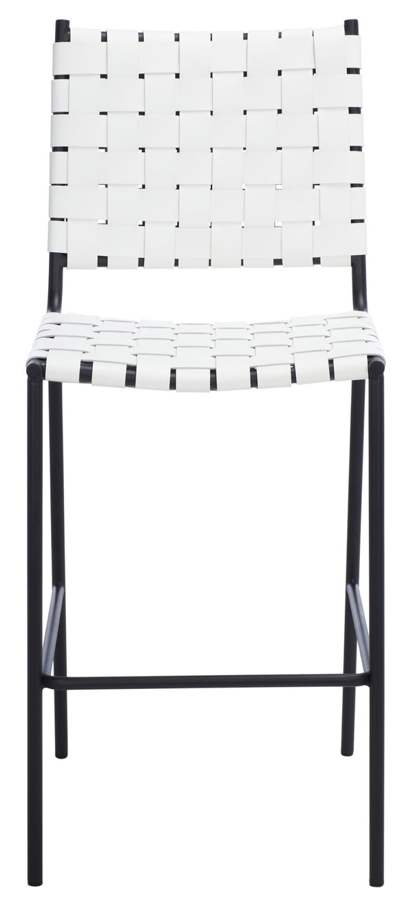 Safavieh Bahari Woven Counter Stool - Contemporary Design With Natural Leather Seat & Sleek Silver Base White / Black BST3010D