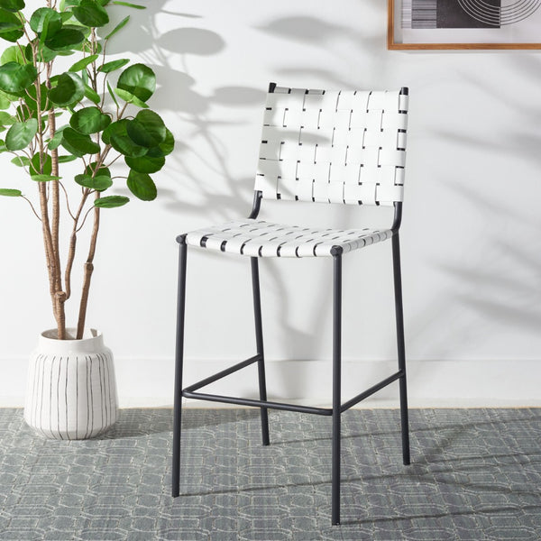 Safavieh Bahari Woven Counter Stool - Contemporary Design With Natural Leather Seat & Sleek Silver Base White / Black BST3010D