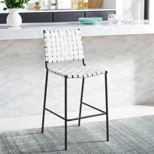 Safavieh Bahari Woven Counter Stool - Contemporary Design With Natural Leather Seat & Sleek Silver Base White / Black BST3010D