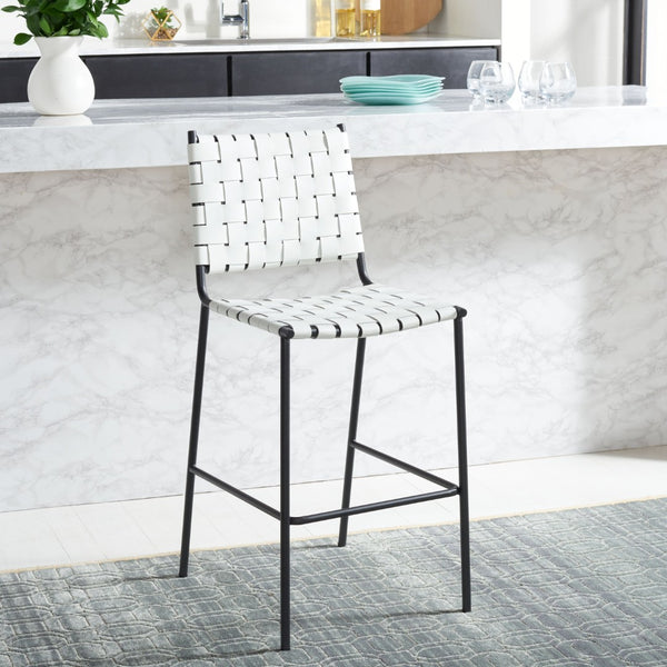 Safavieh Bahari Woven Counter Stool - Contemporary Design With Natural Leather Seat & Sleek Silver Base White / Black BST3010D