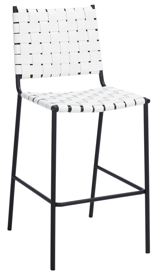 Safavieh Bahari Woven Counter Stool - Contemporary Design With Natural Leather Seat & Sleek Silver Base White / Black BST3010D
