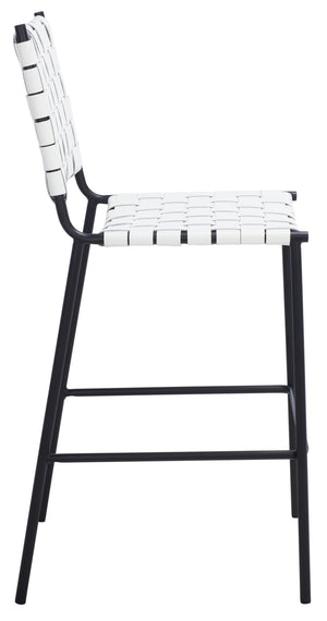 Safavieh Bahari Woven Counter Stool - Contemporary Design With Natural Leather Seat & Sleek Silver Base White / Black BST3010D