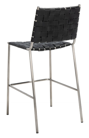 Safavieh Bahari Woven Counter Stool - Contemporary Design With Natural Leather Seat & Sleek Silver Base Black / Silver BST3010E