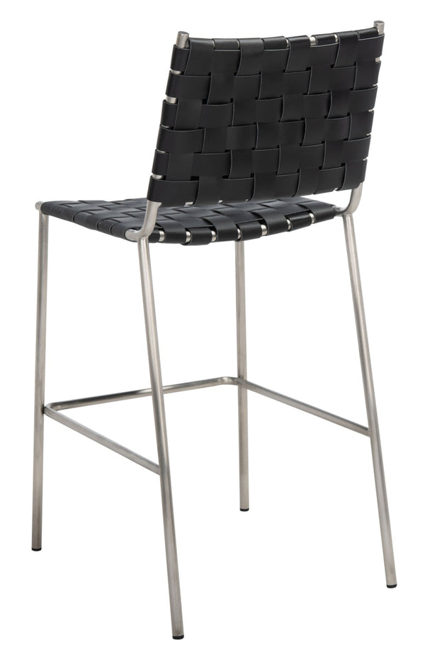 Safavieh Bahari Woven Counter Stool - Contemporary Design With Natural Leather Seat & Sleek Silver Base Black / Silver BST3010E