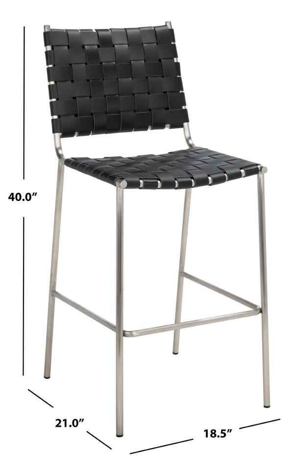 Safavieh Bahari Woven Counter Stool - Contemporary Design With Natural Leather Seat & Sleek Silver Base Black / Silver BST3010E