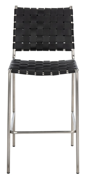 Safavieh Bahari Woven Counter Stool - Contemporary Design With Natural Leather Seat & Sleek Silver Base Black / Silver BST3010E