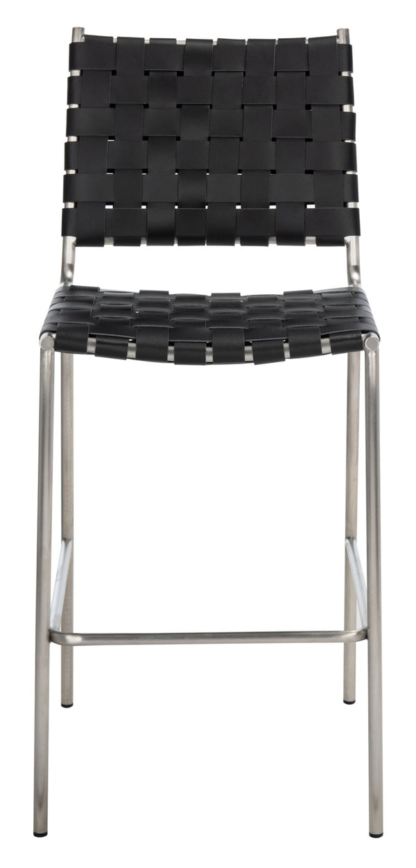 Safavieh Bahari Woven Counter Stool - Contemporary Design With Natural Leather Seat & Sleek Silver Base Black / Silver BST3010E