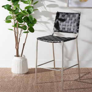 Safavieh Bahari Woven Counter Stool - Contemporary Design With Natural Leather Seat & Sleek Silver Base Black / Silver BST3010E