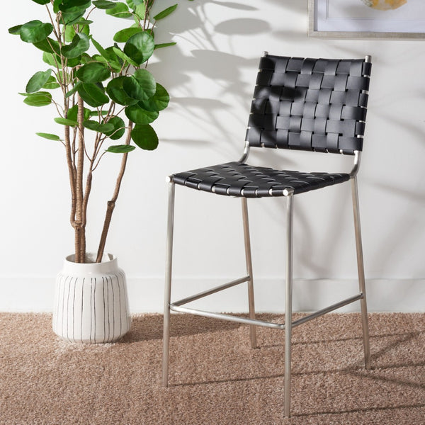 Safavieh Bahari Woven Counter Stool - Contemporary Design With Natural Leather Seat & Sleek Silver Base Black / Silver BST3010E