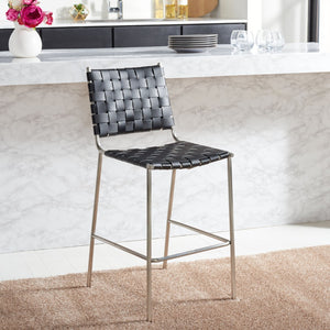 Safavieh Bahari Woven Counter Stool - Contemporary Design With Natural Leather Seat & Sleek Silver Base Black / Silver BST3010E