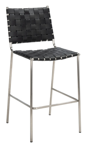 Safavieh Bahari Woven Counter Stool - Contemporary Design With Natural Leather Seat & Sleek Silver Base Black / Silver BST3010E